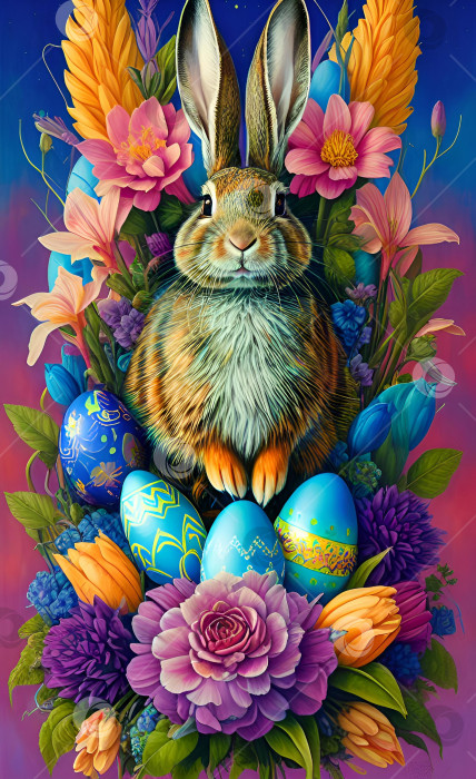 Скачать Пасхальный кролик в окружении цветов.  Для печати на обложках, футболках, тканях, плакатах. Фэнтезийный стиль фотосток Ozero