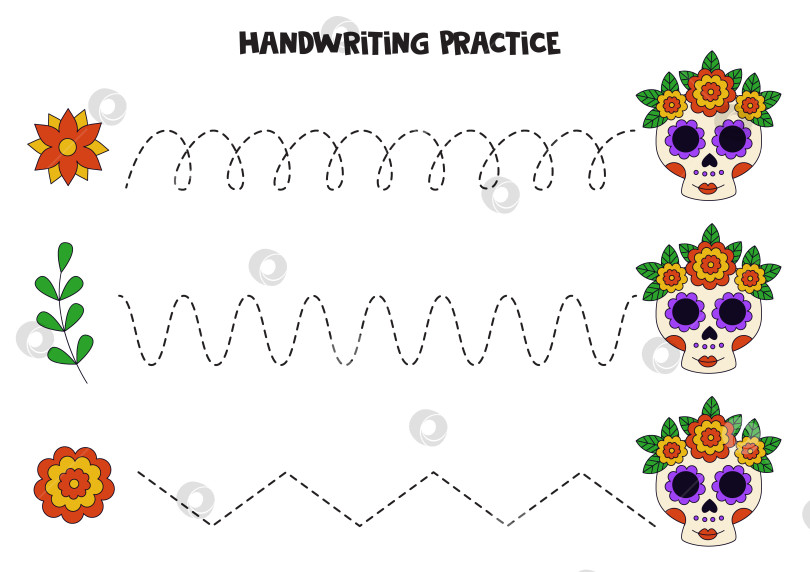 Скачать Прослеживающиеся линии для детей с мексиканскими черепами калавера и цветочными элементами. Практика письма от руки. фотосток Ozero