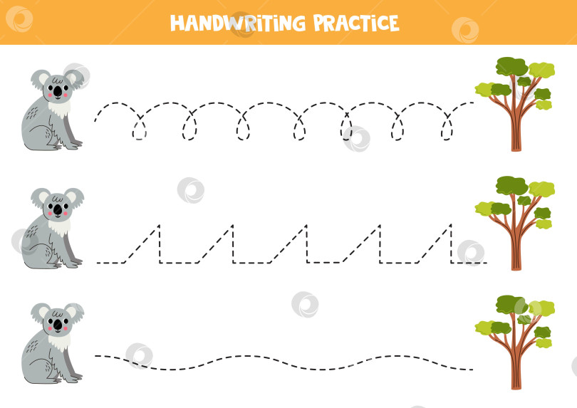 Скачать Прослеживание линий для детей. Симпатичная коала и эвкалипт. Практика письма от руки. фотосток Ozero