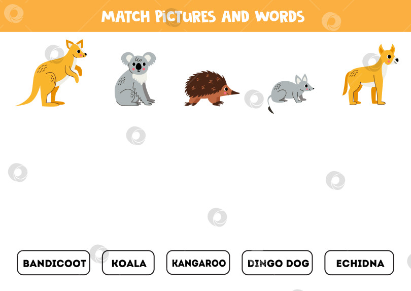 Скачать Сопоставляйте картинки и слова. Логическая головоломка для детей. Австралийские животные. фотосток Ozero