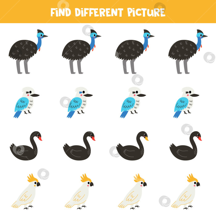 Скачать Найдите разных австралийских птиц в каждом ряду. Логическая игра для детей дошкольного возраста. фотосток Ozero