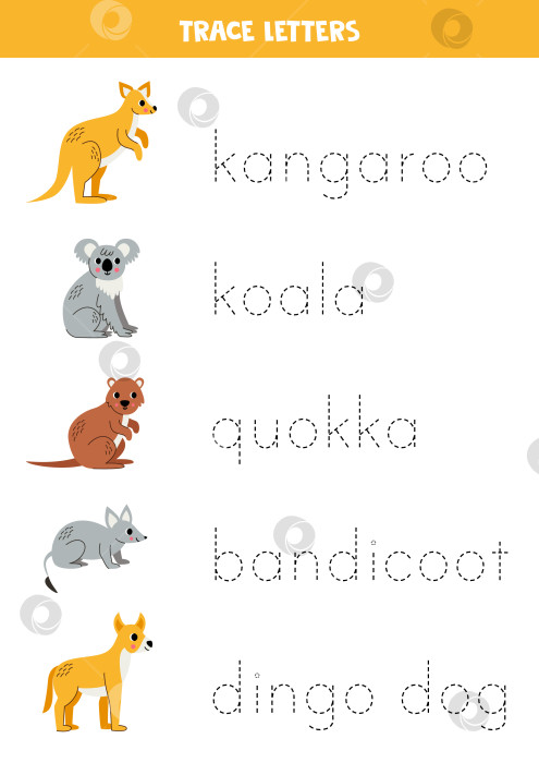 Скачать Прослеживание букв с милыми австралийскими животными. Практика письма. фотосток Ozero