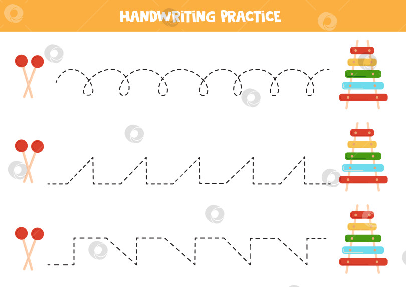 Скачать Прослеживание линий для детей. Мультяшный ксилофон. Практика письма от руки. фотосток Ozero