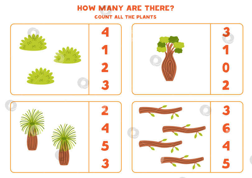 Скачать Игра в подсчет с милыми тропическими деревьями. Учебный лист. фотосток Ozero
