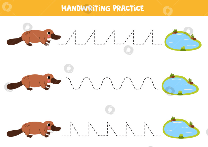 Скачать Прослеживание линий для детей. Утконос и пруд с водой. Практика письма от руки. фотосток Ozero