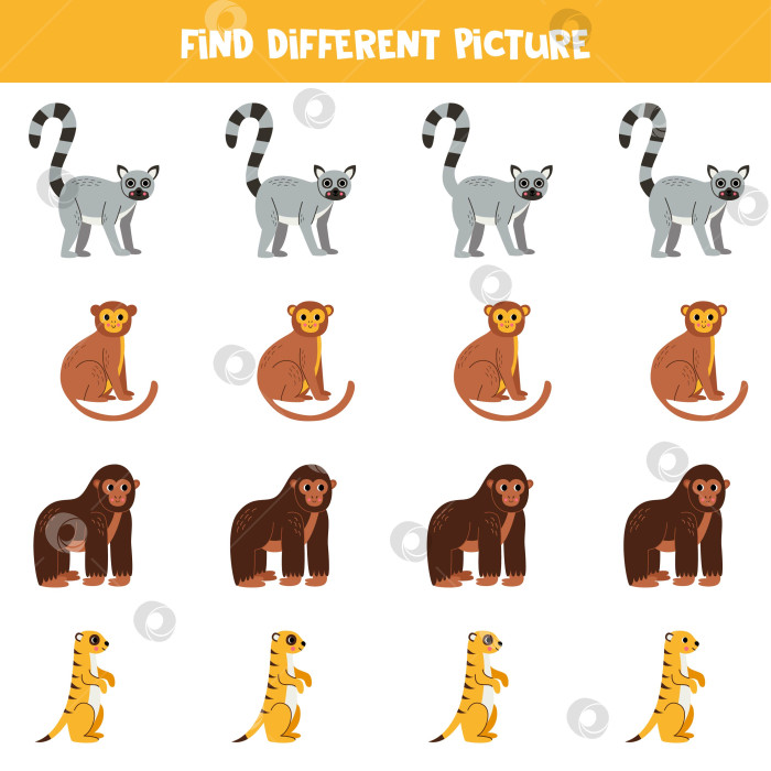 Скачать Найдите разных африканских животных в каждом ряду. Логическая игра для детей дошкольного возраста. фотосток Ozero