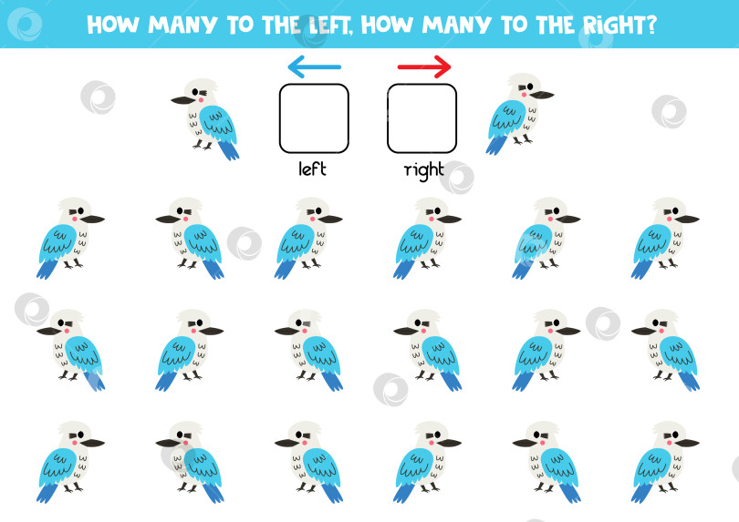Скачать Слева или справа с милой мультяшной птичкой кукабурра. Логический лист для дошкольников. фотосток Ozero