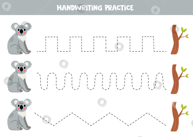 Скачать Прослеживание линий для детей. Симпатичная коала и эвкалипт. Практика письма для детей. фотосток Ozero