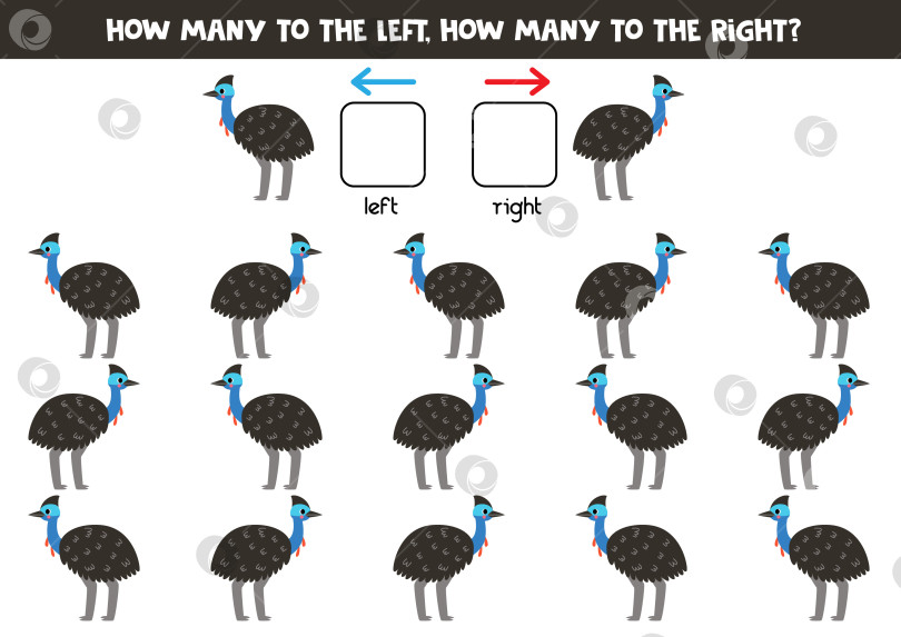Скачать Слева или справа с милой мультяшной птицей казуар. Логический лист для дошкольников. фотосток Ozero