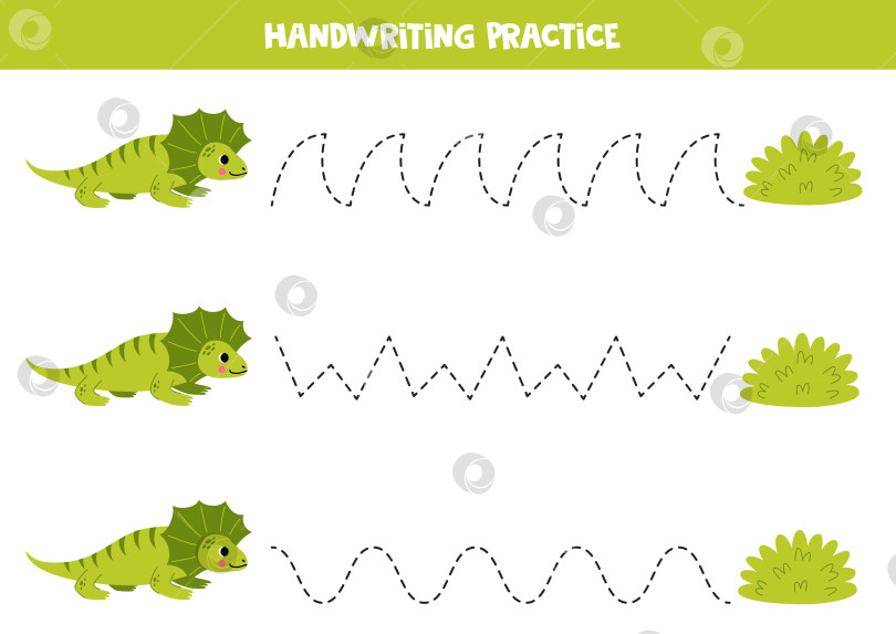 Скачать Прослеживание линий для детей. Симпатичная оборка на шее ящерицы и куста. Практика письма от руки. фотосток Ozero