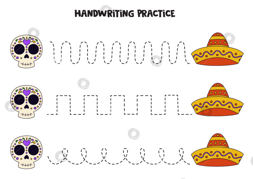 Скачать Обводящие линии для детей с мексиканской шляпой и черепом. Практика письма от руки. фотосток Ozero