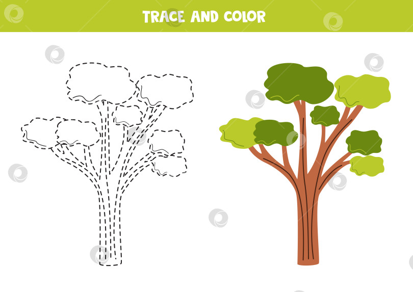 Скачать Нарисуйте и раскрасьте мультяшное эвкалиптовое дерево. Рабочий лист для детей. фотосток Ozero