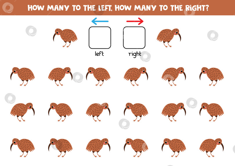 Скачать Слева или справа с милой мультяшной птичкой киви. Логический лист для дошкольников. фотосток Ozero