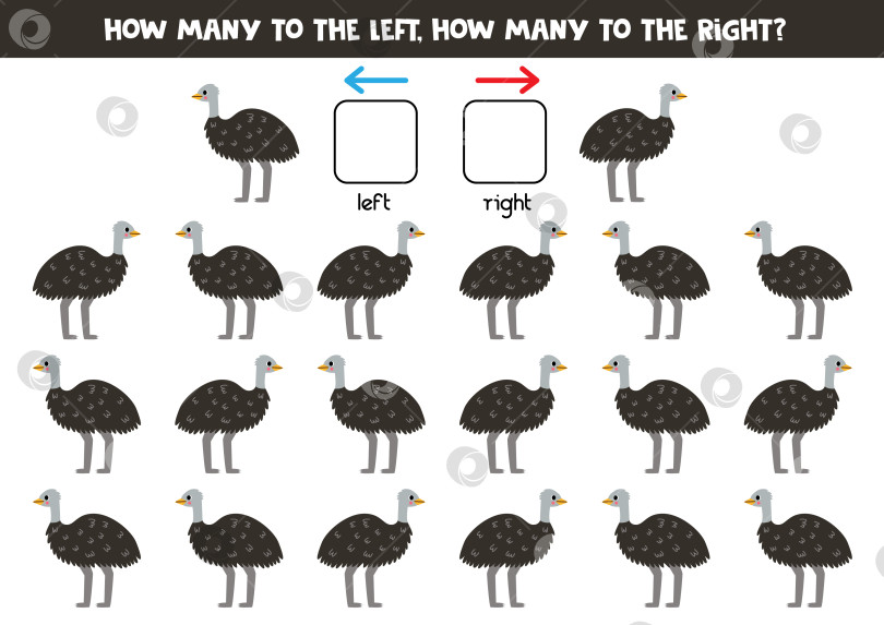 Скачать Слева или справа с милым мультяшным страусом эму. Логический лист для дошкольников. фотосток Ozero