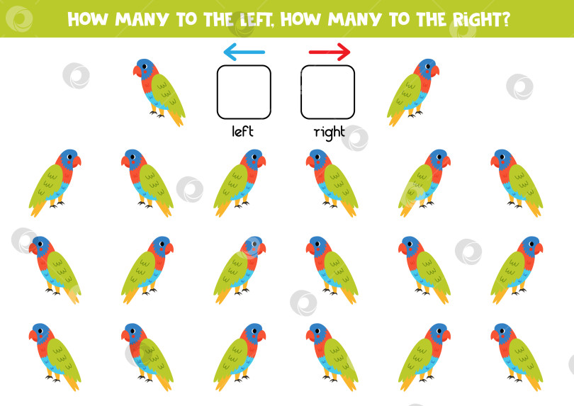 Скачать Слева или справа с милым мультяшным радужным лорикитом. Логический лист для дошкольников. фотосток Ozero