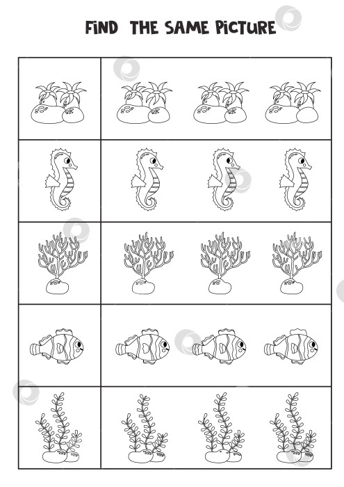 Скачать Найдите двух одинаковых морских животных. Черно-белый рабочий лист. фотосток Ozero