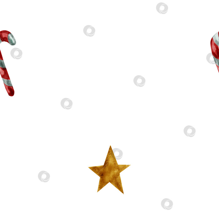 Скачать Акварельный узор из традиционных рождественских конфет в форме сердца и золотой рождественской звезды. Узор с полосатыми рождественскими конфетами фотосток Ozero