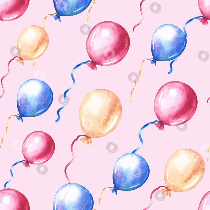 Скачать Бесшовный узор с праздничными разноцветными воздушными шарами. На розовом фоне. Акварельная иллюстрация ручной работы. Для упаковочной бумаги, текстиля, поздравительных открыток, этикеток, упаковок. Для праздничных украшений. фотосток Ozero