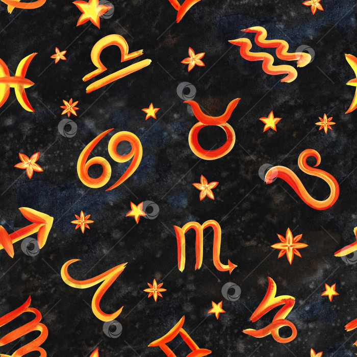 Скачать Бесшовный узор со знаками зодиака в соответствии с гороскопом. Акварель нарисована от руки. Художественная, цветная, раскрашенная иллюстрация. На черном фоне. Для текстиля - астрологические прогнозы. фотосток Ozero