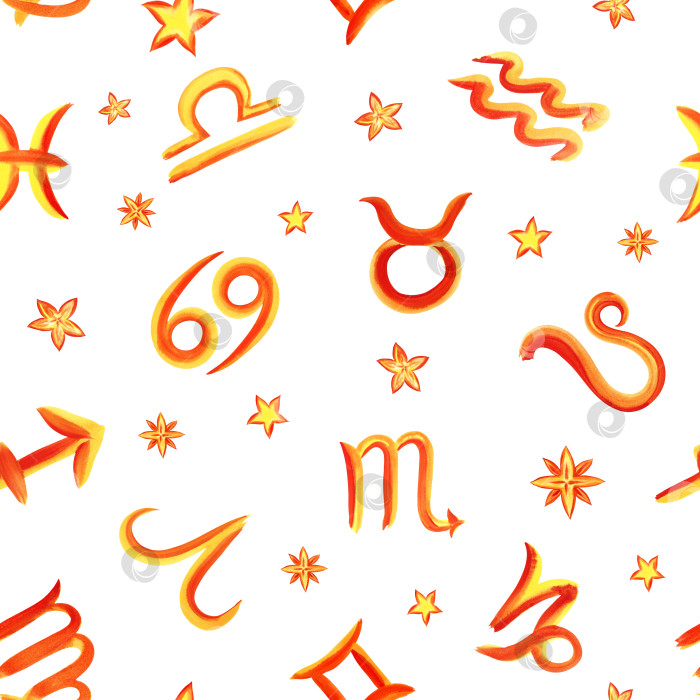 Скачать Бесшовный узор со знаками зодиака в соответствии с гороскопом. Акварель нарисована от руки. Художественная, цветная, раскрашенная иллюстрация. Для текстиля, астрологических прогнозов, календарей, печатной продукции фотосток Ozero
