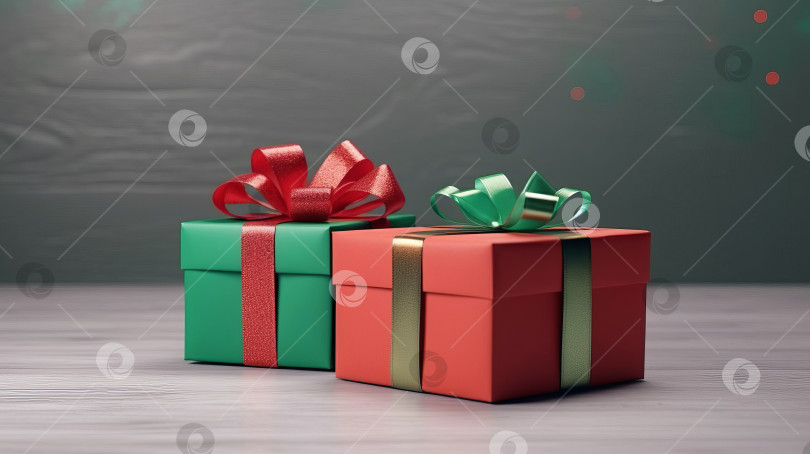Скачать Красные и зеленые рождественские подарки на светлом фоне. Созданный искусственный интеллект. фотосток Ozero