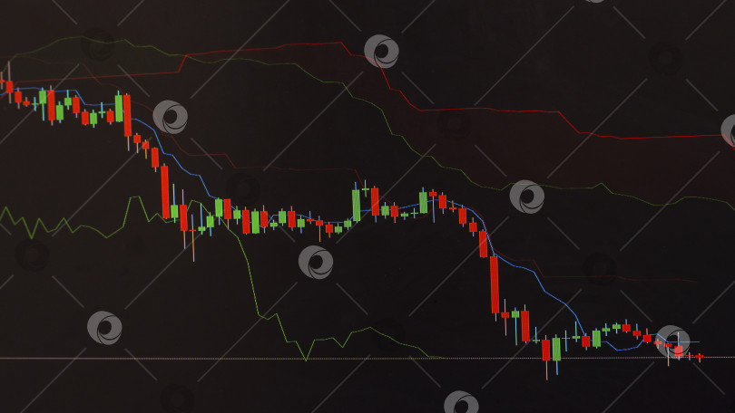Скачать График фондового рынка. График свечей. Биржевой график с индикаторами, показывающими падение рынков во время кризиса. Финансовая диаграмма на темном фоне представляет собой финансовый кризис, коллапс фотосток Ozero