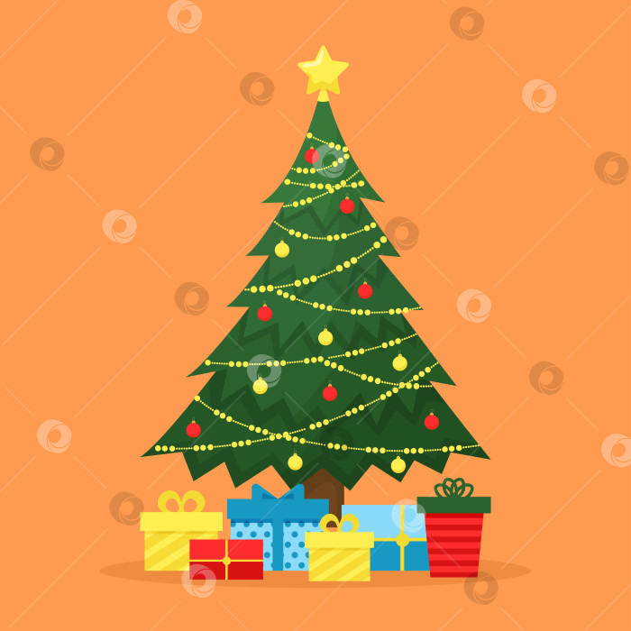 Скачать Рождественская елка, украшенная звездой, шарами, гирляндами и подарками фотосток Ozero