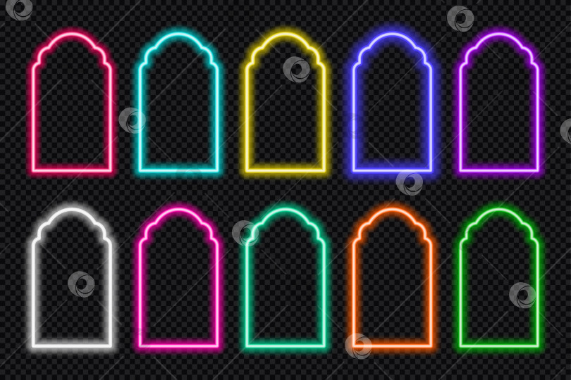 Скачать Неоновая форма исламской двери и силуэт окна, светящаяся арабская арка. Коллекция световых порталов в восточном стиле. Рамки в арабском мусульманском стиле для Рамадана Карима. Векторная форма ворот мечети. фотосток Ozero