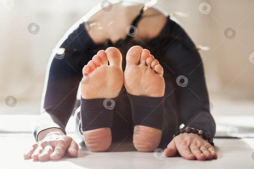 Скачать Женщина, практикующая йогу, наклоняется вперед сидя, упражнения от головы до колен, поза пасчимоттанасана фотосток Ozero