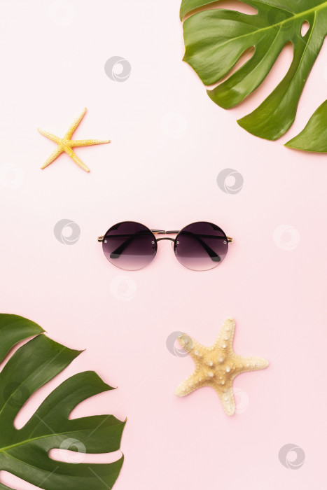 Скачать Листья монстеры, морская звезда и солнцезащитные очки на розовом фоне, вид сверху фотосток Ozero