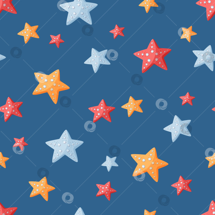 Скачать Бесшовный векторный узор с разноцветными морскими звездами на синем фоне. Летний рисованный фон для упаковки, оберточной бумаги, баннера, принта, открытки, подарка, ткани, открытки, текстиля, обоев, паутины фотосток Ozero