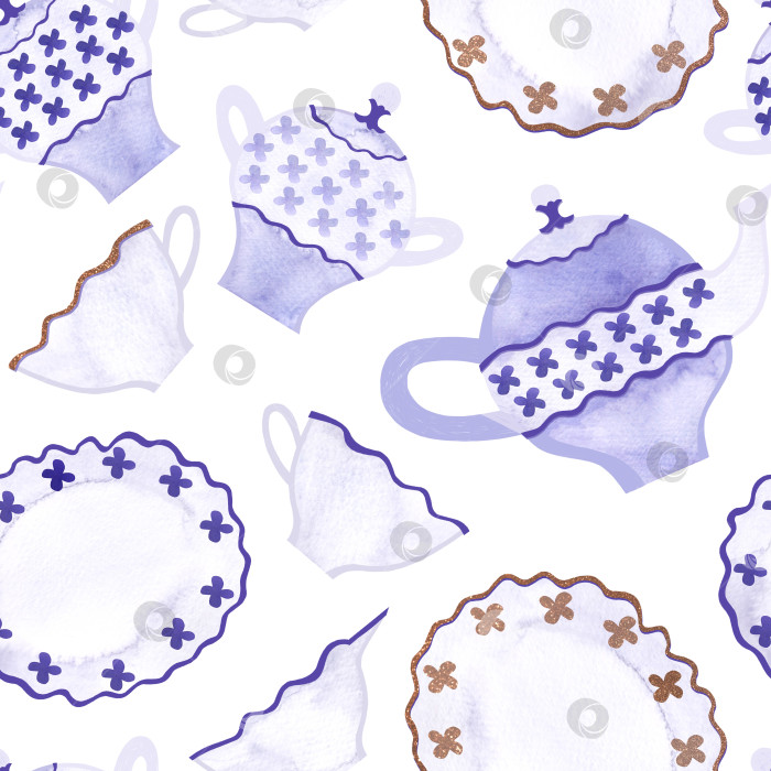 Скачать Завтрак: чай, кофе, круассаны, кексы, чайник, чашки. Бесшовный акварельный узор на белом фоне. фотосток Ozero