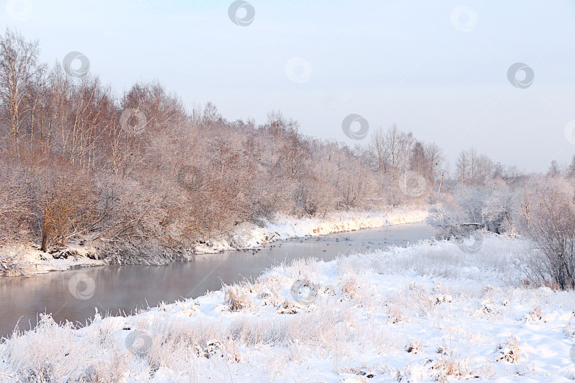 Скачать Русская природа зимой, красивый рождественский фон. После снегопада ветви деревьев покрываются снегом и сверкают на солнце, утки плавают по реке с горячими источниками в морозном тумане, при сильном морозе и низких температурах фотосток Ozero