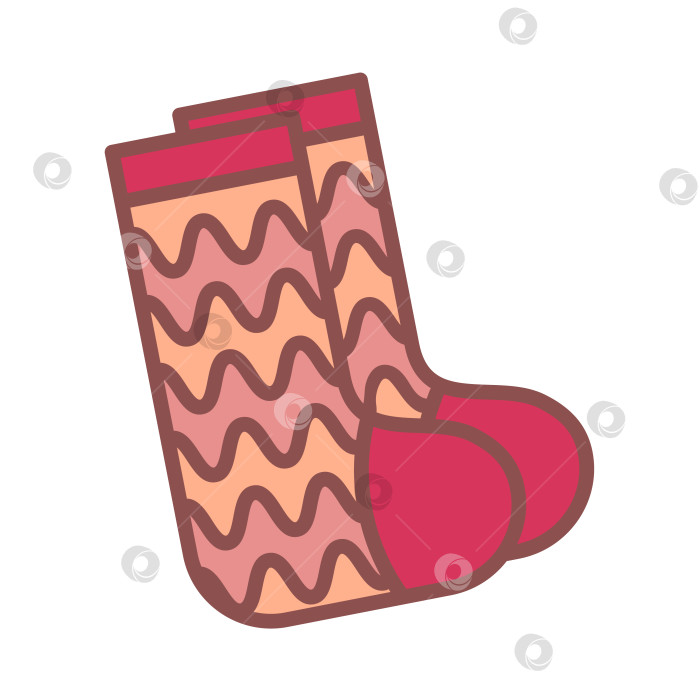 Скачать Пара полосатых носков, теплая одежда с волнистым рисунком. Цветное изображение с обводкой. Вязаные шерстяные носки на осень, зиму фотосток Ozero