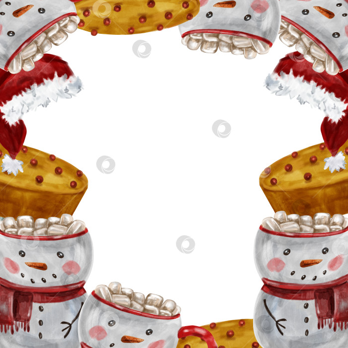 Скачать Рождественская акварельная рамка с ягодным пирогом и традиционным зимним горячим какао с зефиром в кружке снеговика и красной шапке Санты. Нарисованная от руки рамка фотосток Ozero