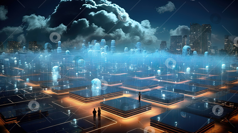 Скачать Концепция цифрового города с облачными подключениями. Футуристическая сеть в облаках. Сгенерированный искусственный интеллект. фотосток Ozero