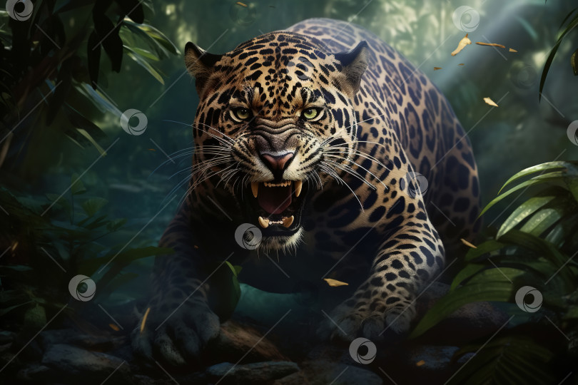 Скачать Рычащий леопард в джунглях, агрессивный опасный хищник охотится в лесу фотосток Ozero