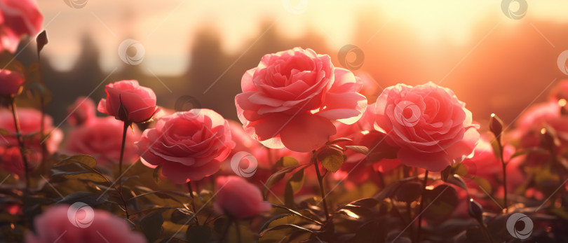 Скачать Баннер на цветочном фоне, поле красных цветущих роз крупным планом солнечным вечером фотосток Ozero