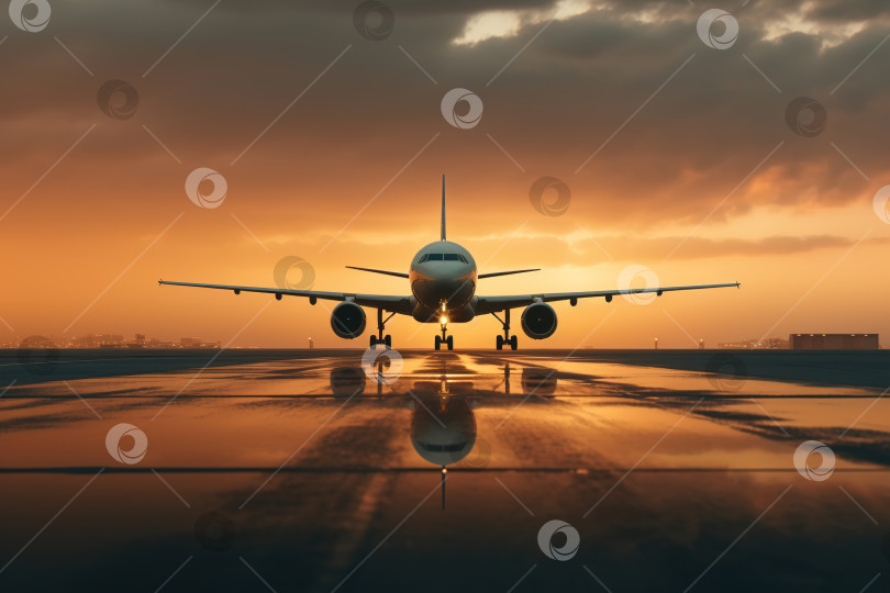 Скачать Самолет на взлетно-посадочной полосе, вид спереди на воздушное пассажирское судно на закате фотосток Ozero