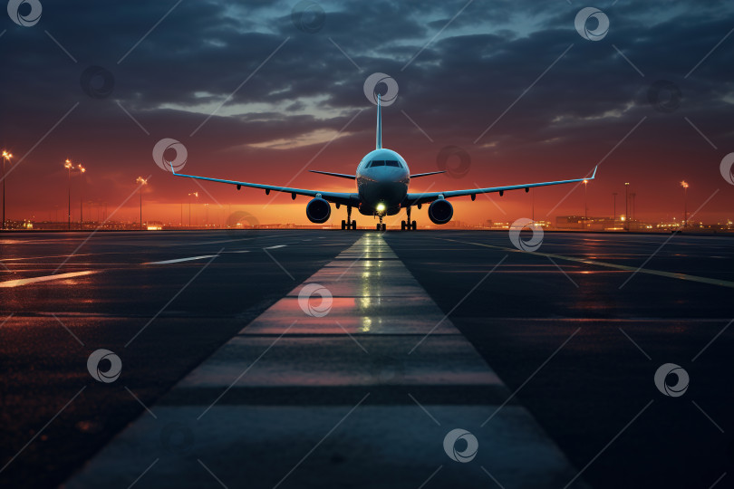 Скачать Самолет на взлетно-посадочной полосе на закате фотосток Ozero