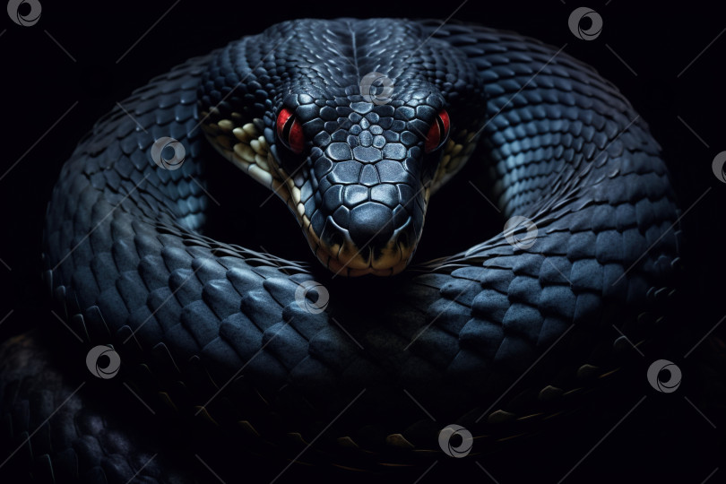 Скачать Крупным планом черная опасная змея кобра, хищная рептилия с красными глазами на темном фоне фотосток Ozero
