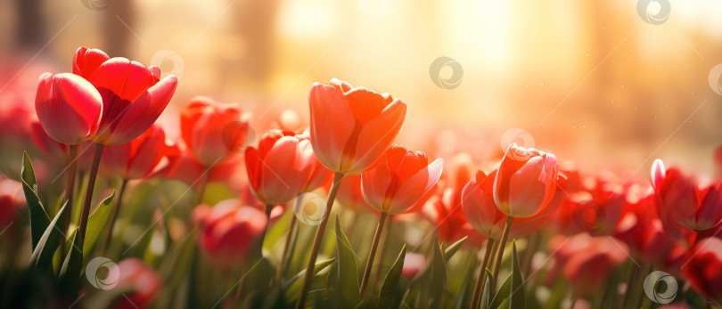 Скачать Поле цветов крупным планом, красные тюльпаны на открытом воздухе в солнечный день, цветочный баннер фотосток Ozero