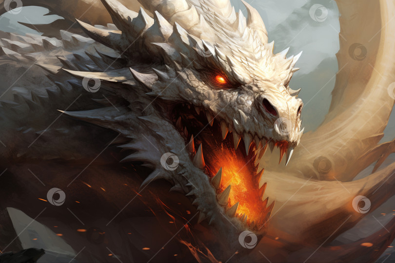 Скачать Фантастическая иллюстрация огненного злого дракона, мифологического древнего монстра крупным планом и пламени фотосток Ozero