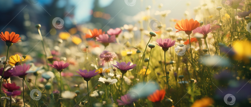 Скачать Красивые разноцветные распускающиеся цветы на лугу в солнечный день, цветочный баннер фотосток Ozero
