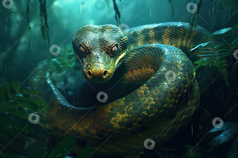 Скачать Большая опасная зеленая змея, хищная рептилия в джунглях, смотрящая в камеру фотосток Ozero