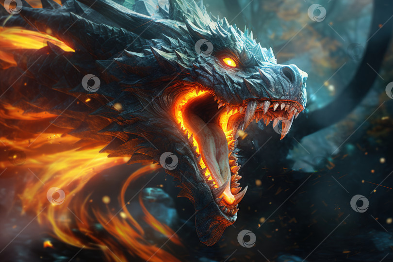 Скачать Огненный злой дракон, мифологическое древнее сказочное существо крупным планом, монстр и пламя. Фантастическая иллюстрация фотосток Ozero
