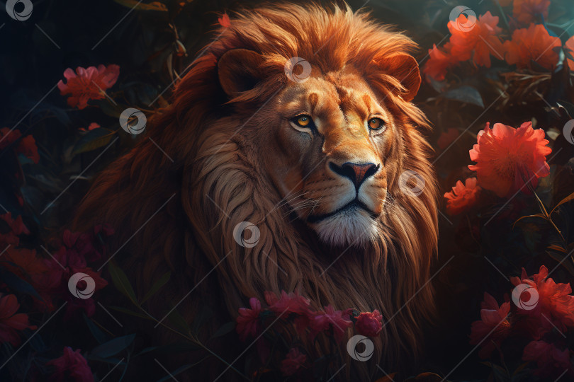 Скачать Иллюстрация льва, портрет гордого хищника на природе в цветах, смотрящего вдаль фотосток Ozero