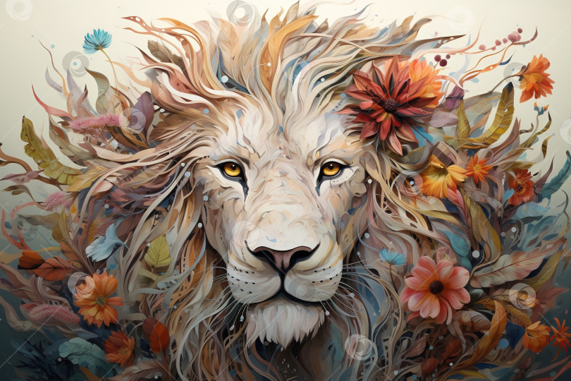 Скачать Львиная голова в цветах, креативная иллюстрация животного-хищника фотосток Ozero