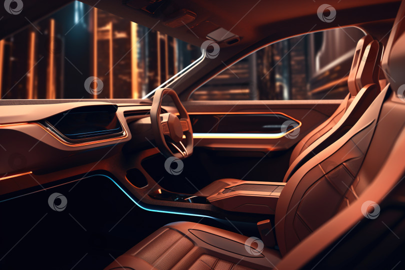 Скачать Коричневый интерьер автомобиля будущего, футуристический дизайн внутри автомобиля фотосток Ozero