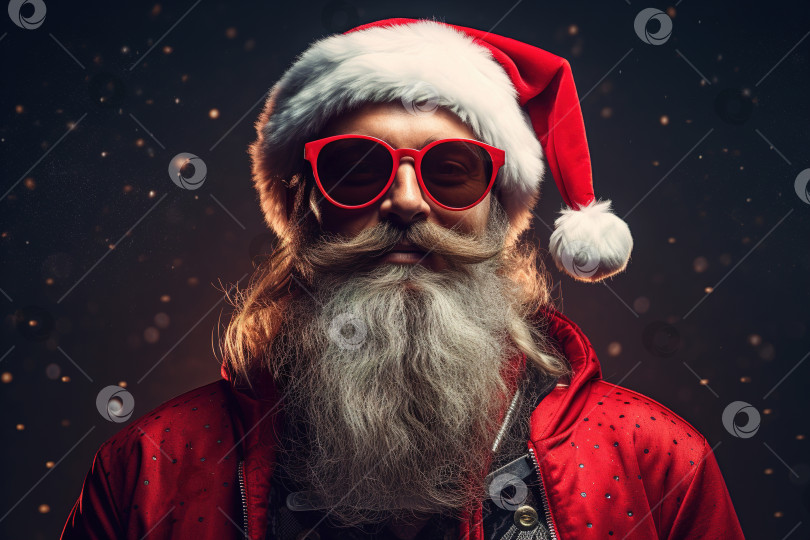 Скачать Хипстер Санта-Клауса, портрет бородатого улыбающегося мужчины в красных очках и праздничной шапочке на темном фоне с подсветкой фотосток Ozero